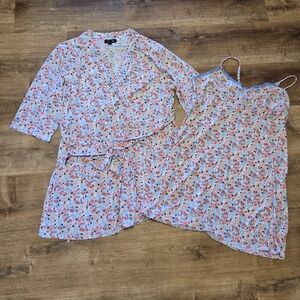 Rene Rofe Pink and Blue Floral Sleepwear Set Nightgown Robe Extra Large